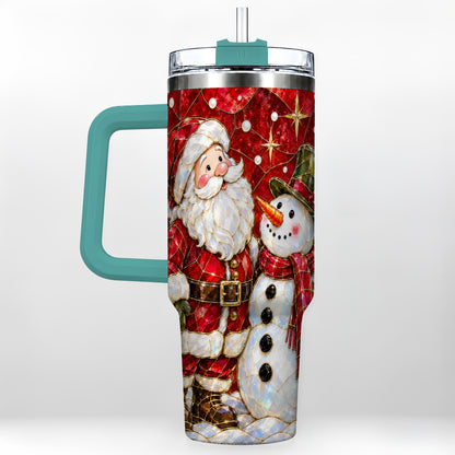 #pl[40oz|Green] Santa and Snowman 40oz Tumbler with Handle, Mosaic Holiday Travel Cup