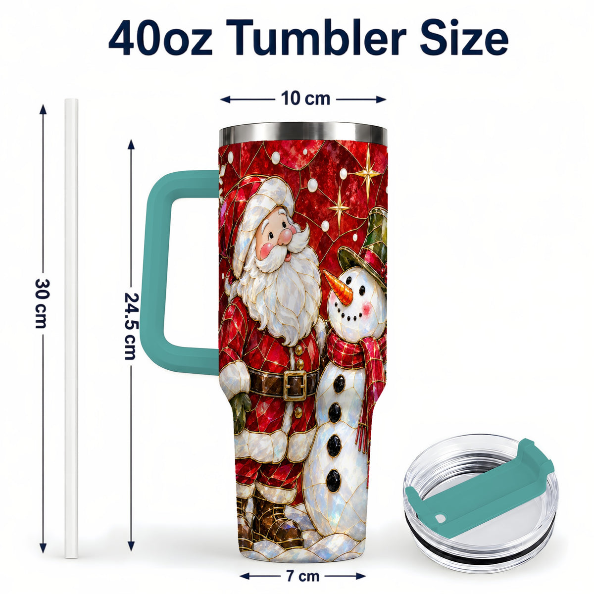 #pl[40oz|Green] Santa and Snowman 40oz Tumbler with Handle, Mosaic Holiday Travel Cup