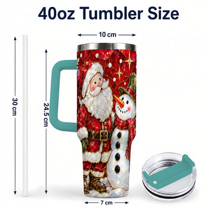 #pl[40oz|Green] Santa and Snowman 40oz Tumbler with Handle, Mosaic Holiday Travel Cup