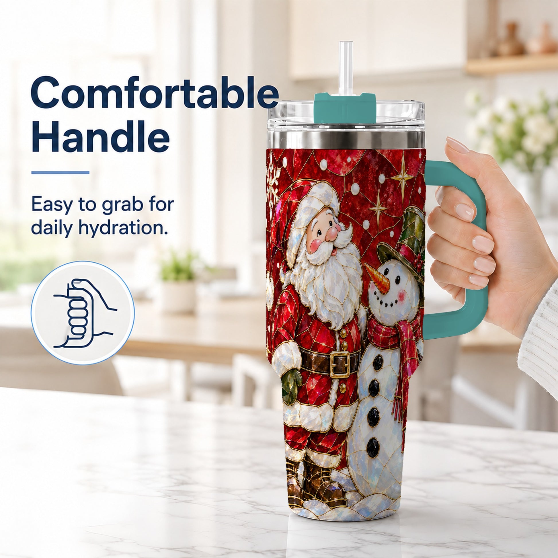 #pl[40oz|Green] Santa and Snowman 40oz Tumbler with Handle, Mosaic Holiday Travel Cup