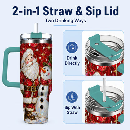 #pl[40oz|Green] Santa and Snowman 40oz Tumbler with Handle, Mosaic Holiday Travel Cup