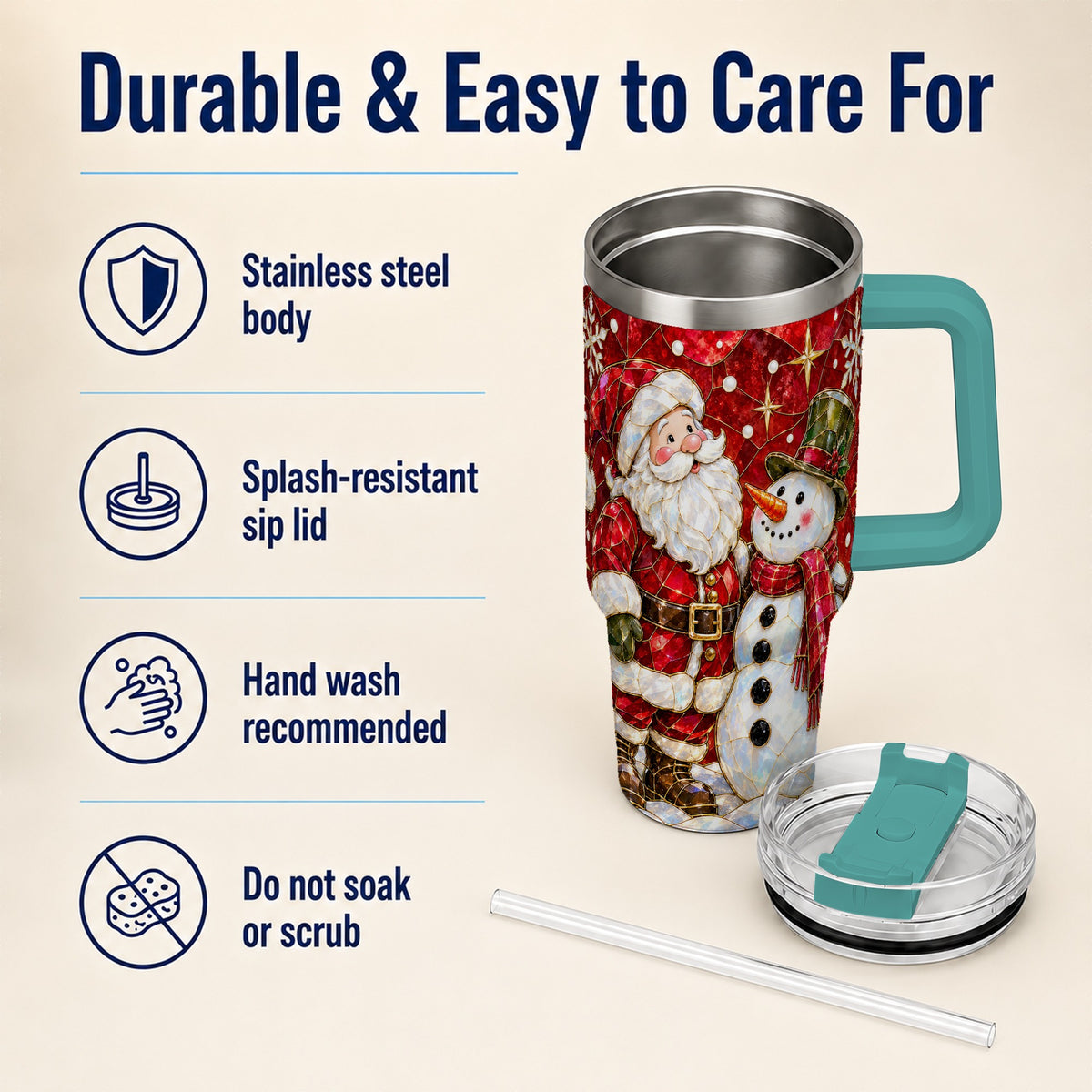 #pl[40oz|Green] Santa and Snowman 40oz Tumbler with Handle, Mosaic Holiday Travel Cup