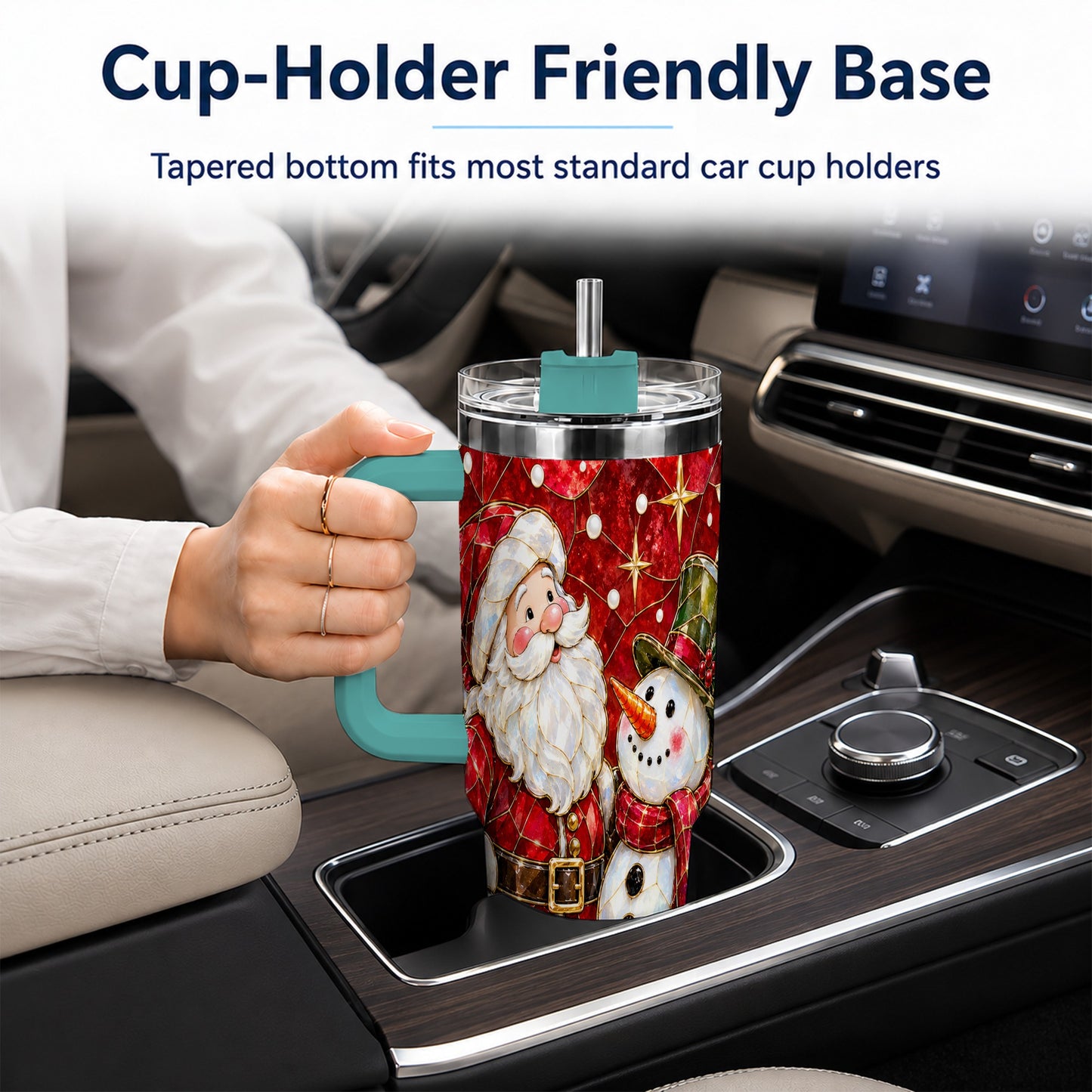 #pl[40oz|Green] Santa and Snowman 40oz Tumbler with Handle, Mosaic Holiday Travel Cup
