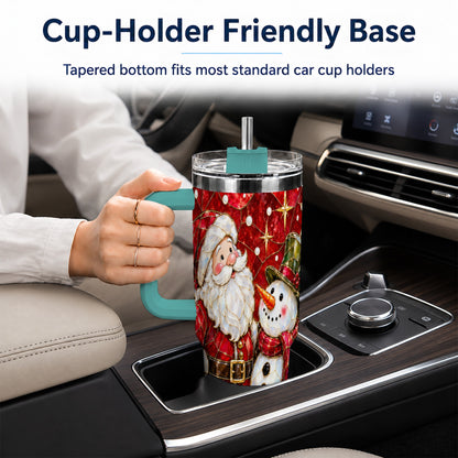 #pl[40oz|Green] Santa and Snowman 40oz Tumbler with Handle, Mosaic Holiday Travel Cup