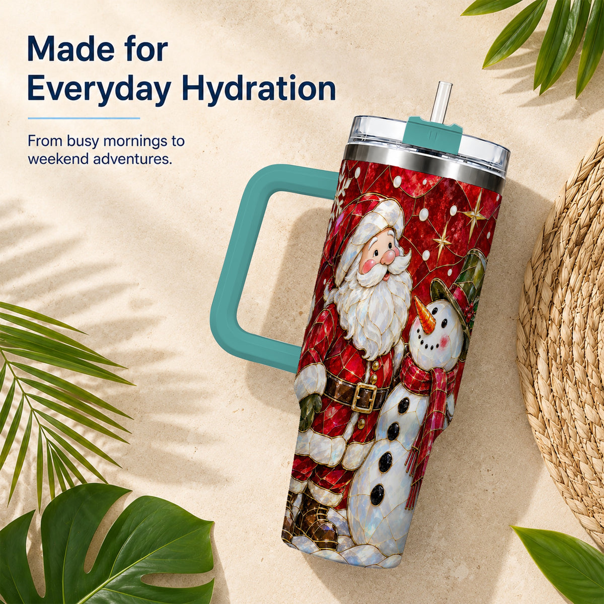 #pl[40oz|Green] Santa and Snowman 40oz Tumbler with Handle, Mosaic Holiday Travel Cup