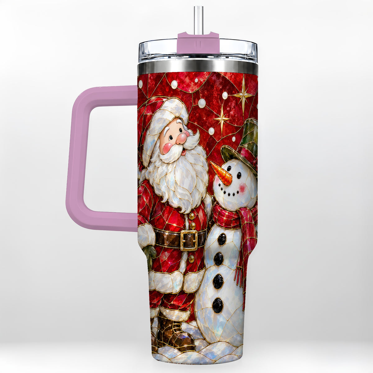 #pl[40oz|Pink] Santa and Snowman 40oz Tumbler with Handle, Mosaic Holiday Travel Cup