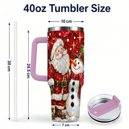 #pl[40oz|Pink] Santa and Snowman 40oz Tumbler with Handle, Mosaic Holiday Travel Cup