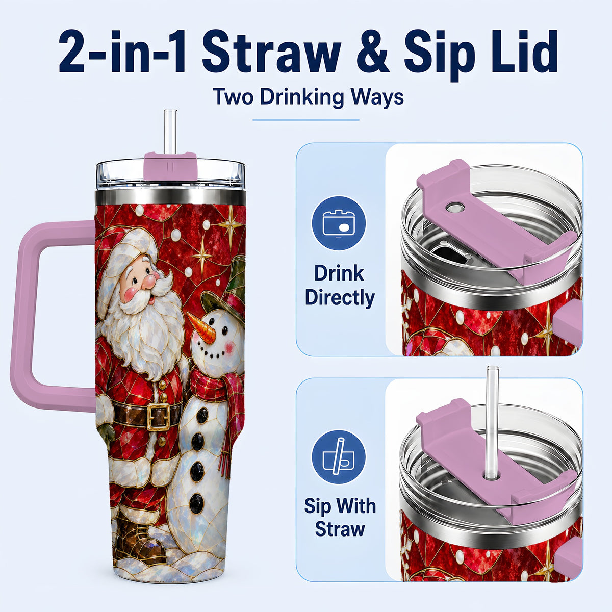 #pl[40oz|Pink] Santa and Snowman 40oz Tumbler with Handle, Mosaic Holiday Travel Cup