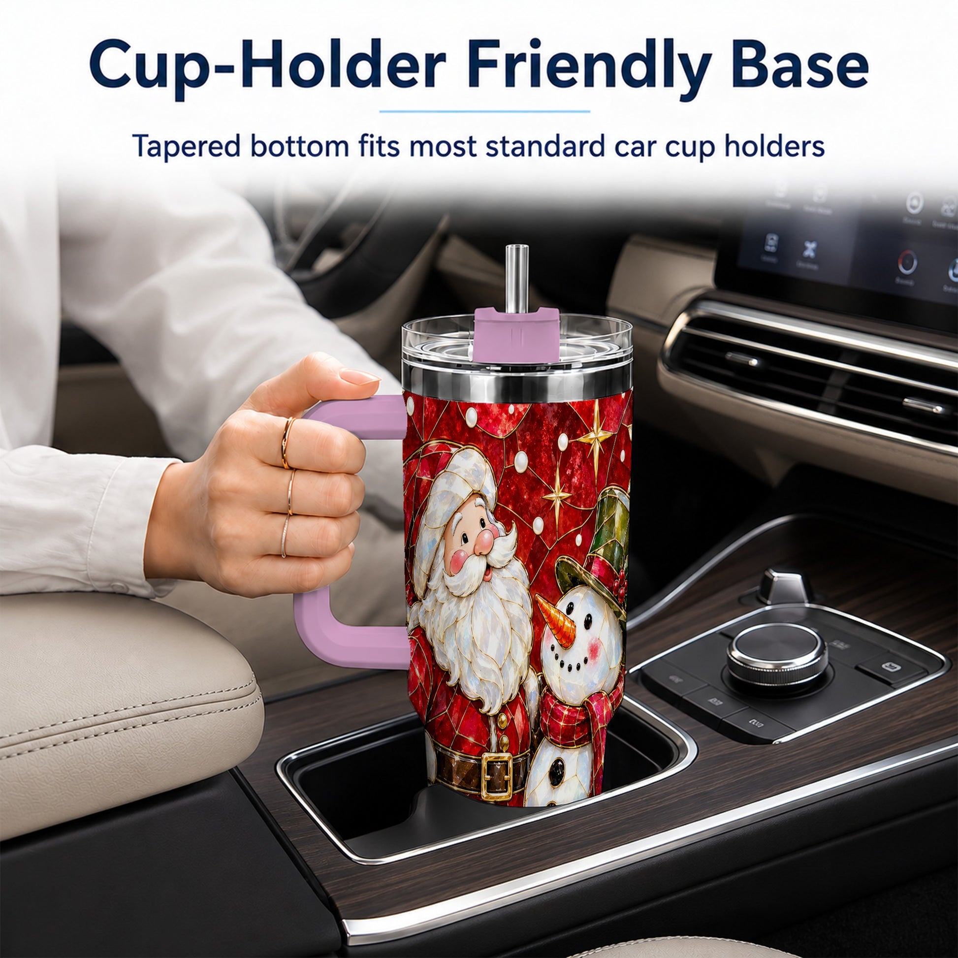 #pl[40oz|Pink] Santa and Snowman 40oz Tumbler with Handle, Mosaic Holiday Travel Cup