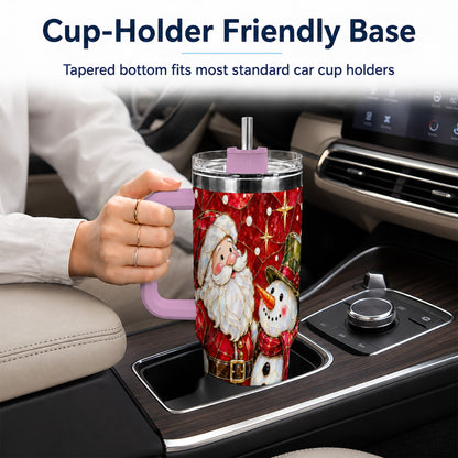 #pl[40oz|Pink] Santa and Snowman 40oz Tumbler with Handle, Mosaic Holiday Travel Cup