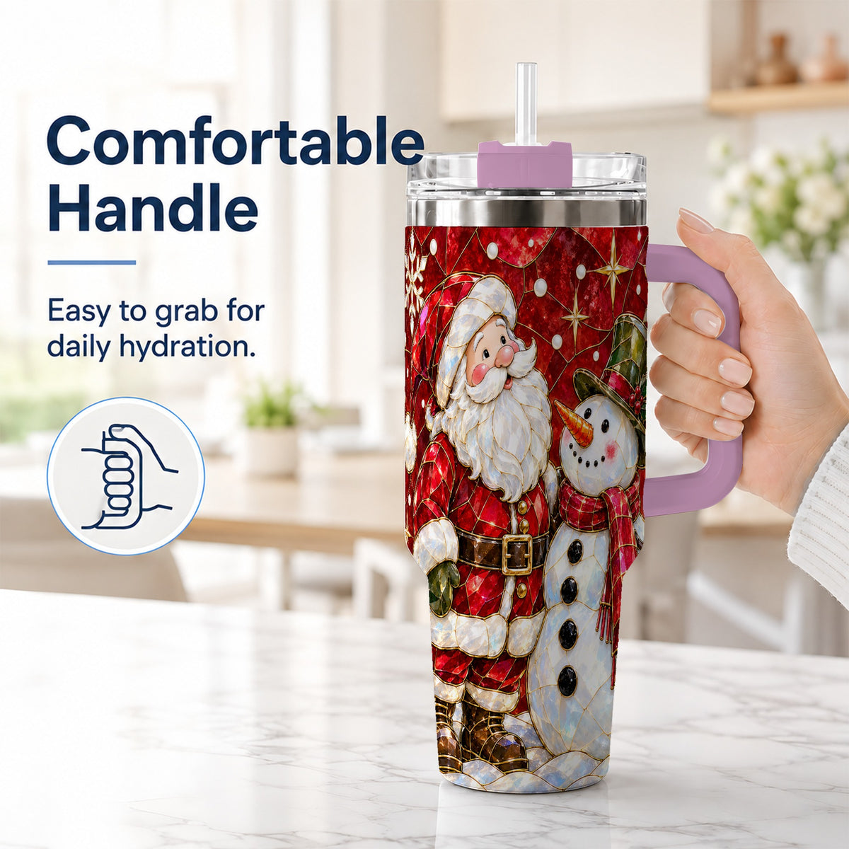 #pl[40oz|Pink] Santa and Snowman 40oz Tumbler with Handle, Mosaic Holiday Travel Cup