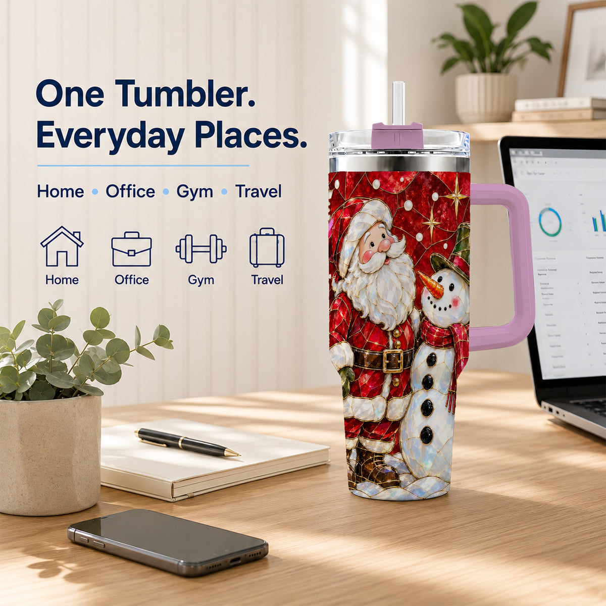 #pl[40oz|Pink] Santa and Snowman 40oz Tumbler with Handle, Mosaic Holiday Travel Cup