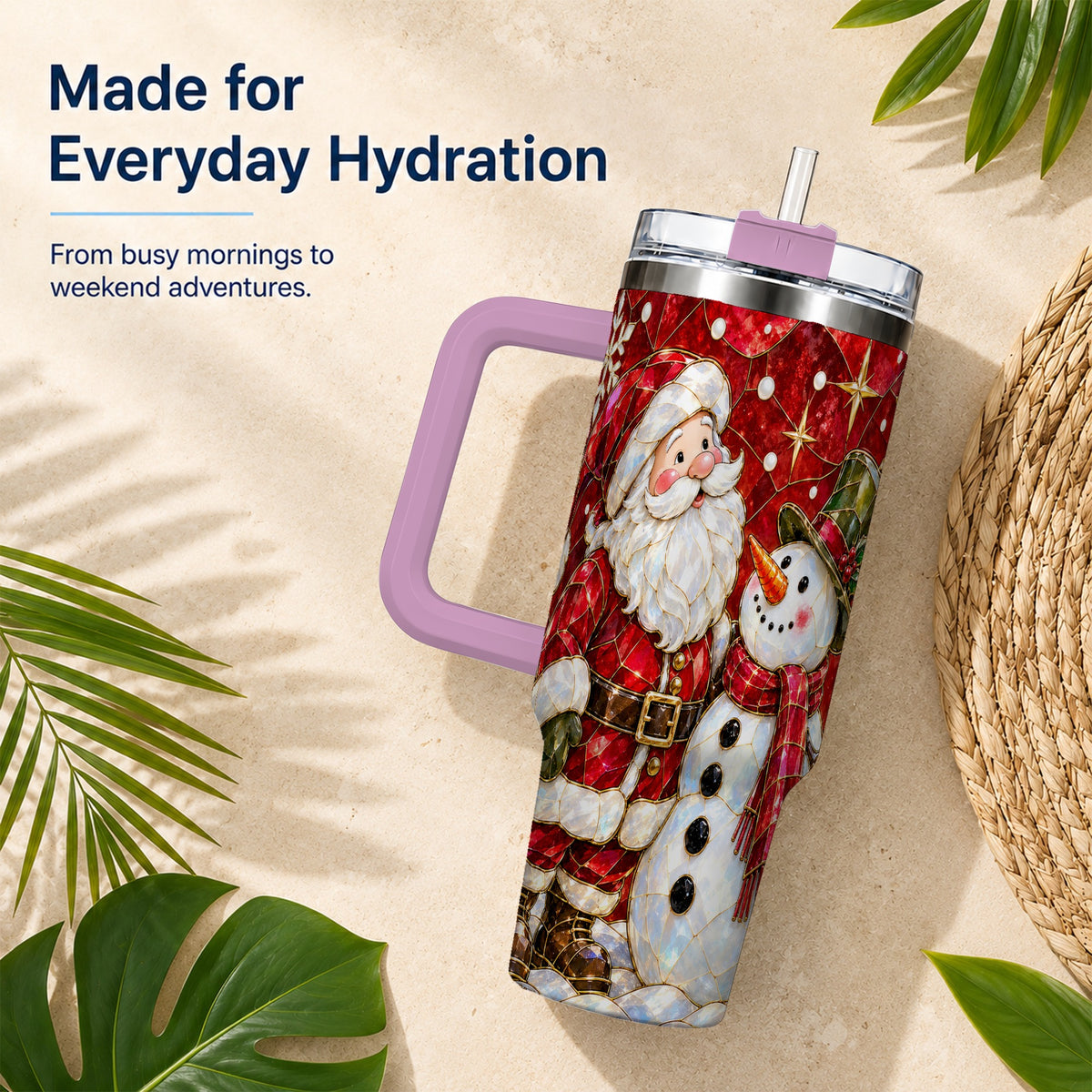 #pl[40oz|Pink] Santa and Snowman 40oz Tumbler with Handle, Mosaic Holiday Travel Cup