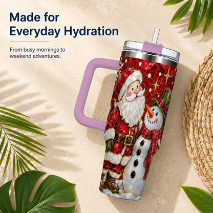 #pl[40oz|Pink] Santa and Snowman 40oz Tumbler with Handle, Mosaic Holiday Travel Cup