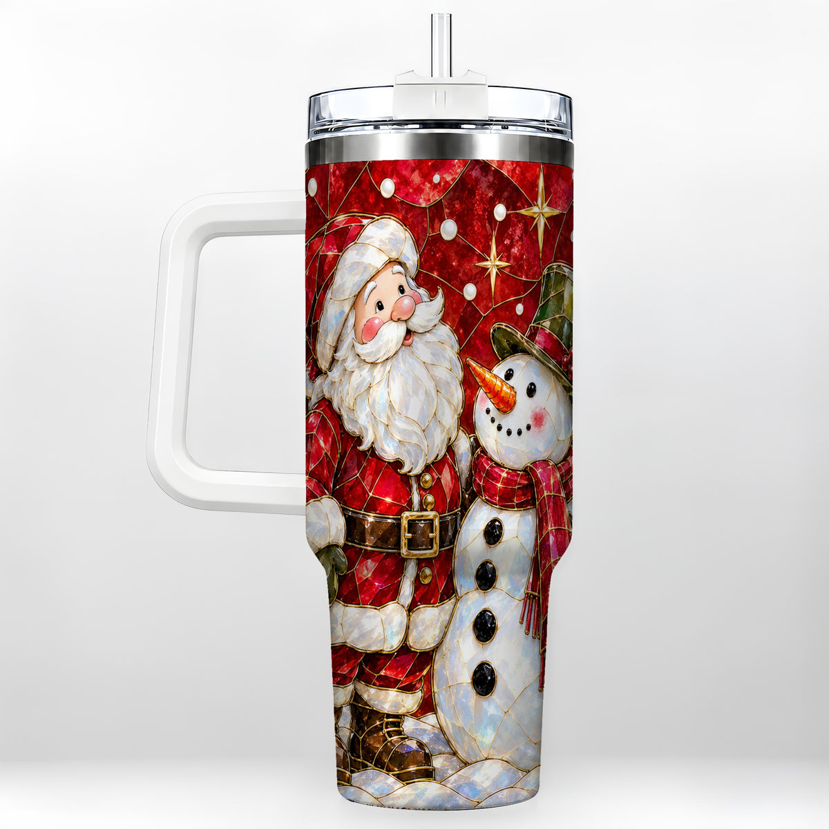 Santa and Snowman 40oz Tumbler with Handle, Mosaic Holiday Travel Cup