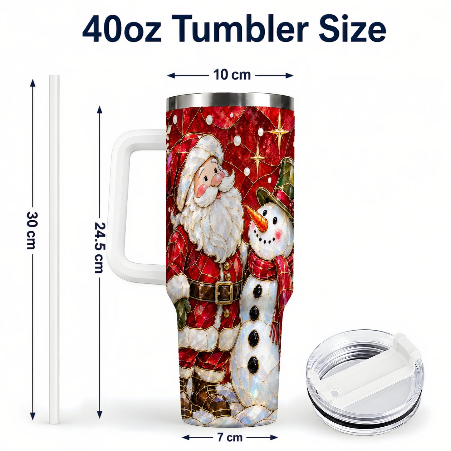#pl[40oz|White] Santa and Snowman 40oz Tumbler with Handle, Mosaic Holiday Travel Cup