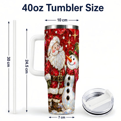 #pl[40oz|White] Santa and Snowman 40oz Tumbler with Handle, Mosaic Holiday Travel Cup