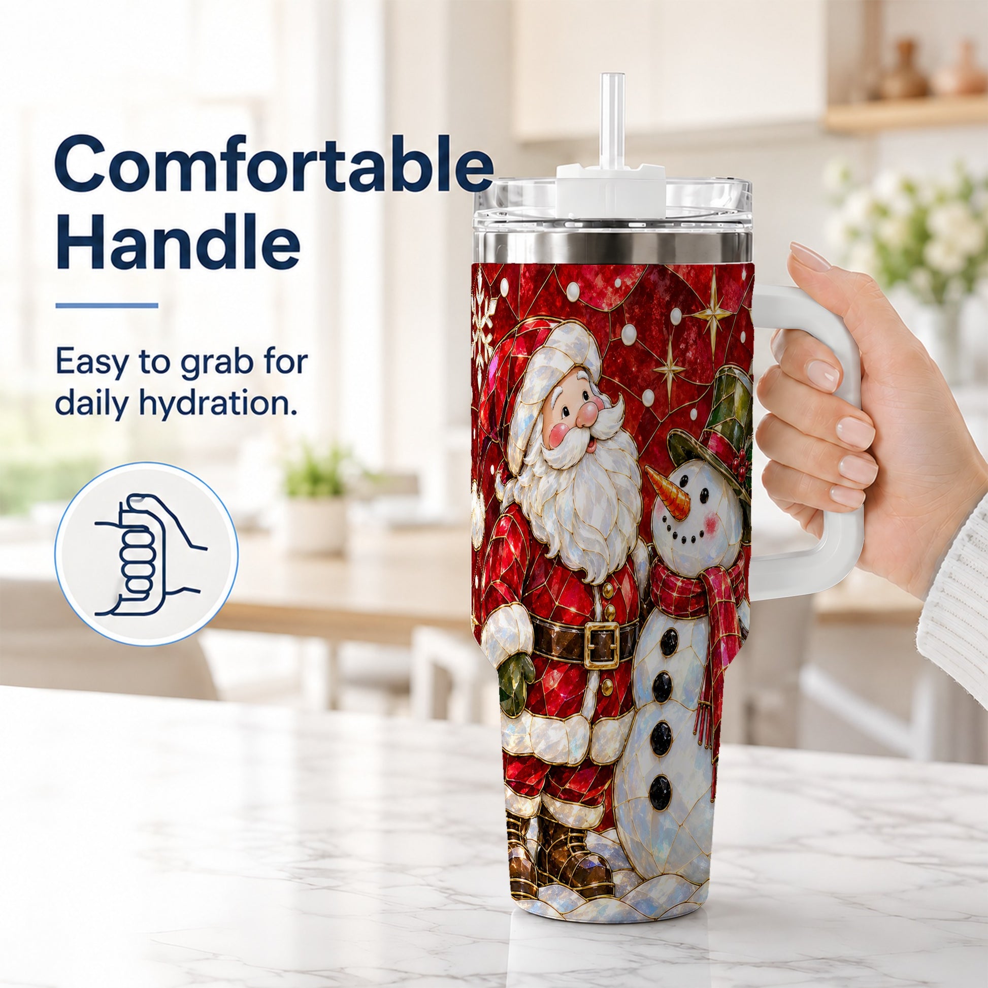 #pl[40oz|White] Santa and Snowman 40oz Tumbler with Handle, Mosaic Holiday Travel Cup