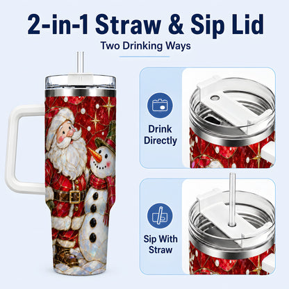 #pl[40oz|White] Santa and Snowman 40oz Tumbler with Handle, Mosaic Holiday Travel Cup