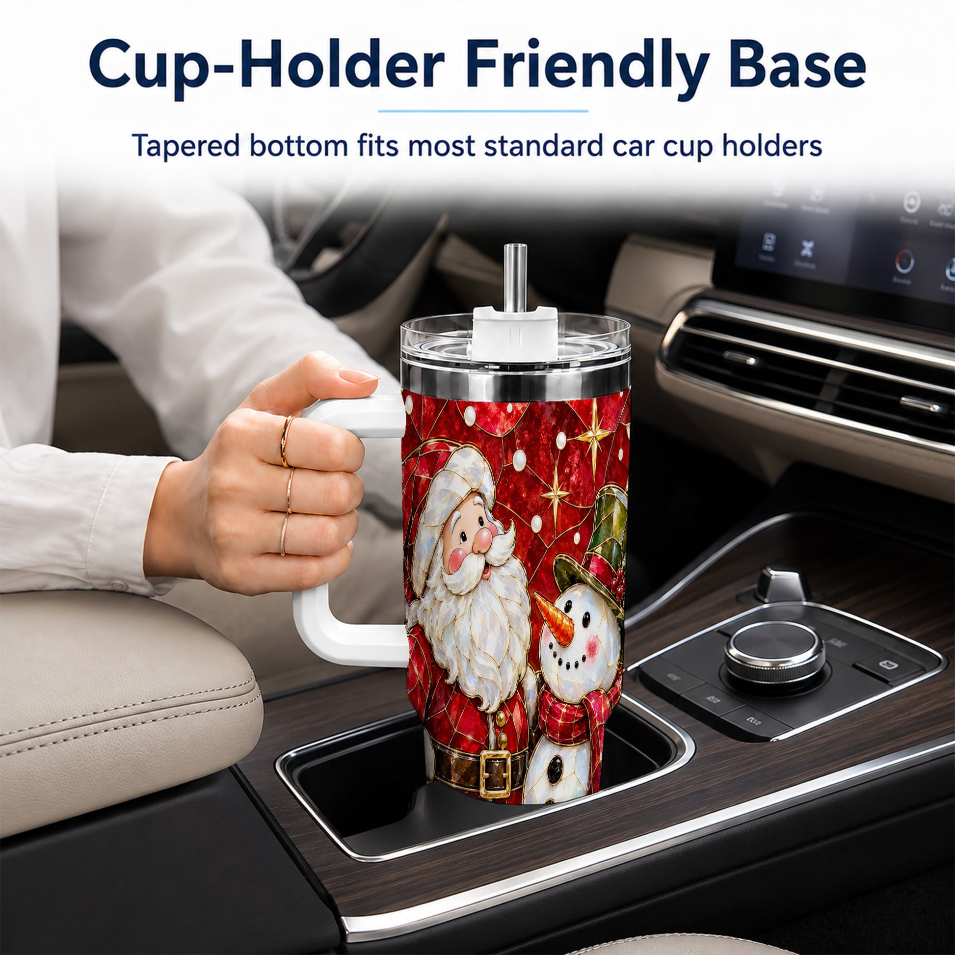 #pl[40oz|White] Santa and Snowman 40oz Tumbler with Handle, Mosaic Holiday Travel Cup