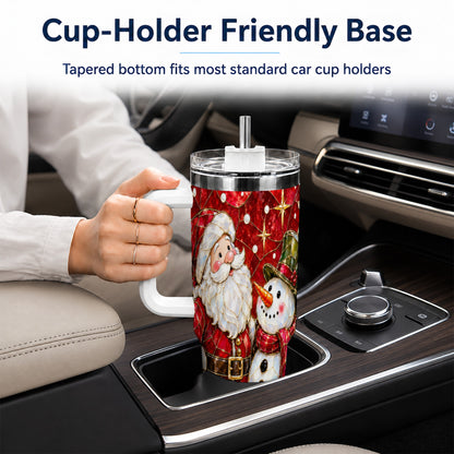 #pl[40oz|White] Santa and Snowman 40oz Tumbler with Handle, Mosaic Holiday Travel Cup