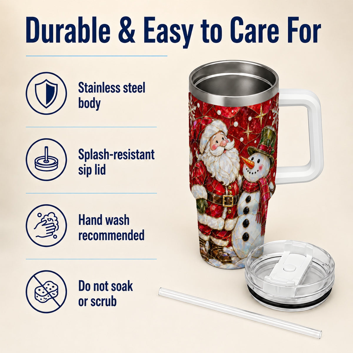 #pl[40oz|White] Santa and Snowman 40oz Tumbler with Handle, Mosaic Holiday Travel Cup