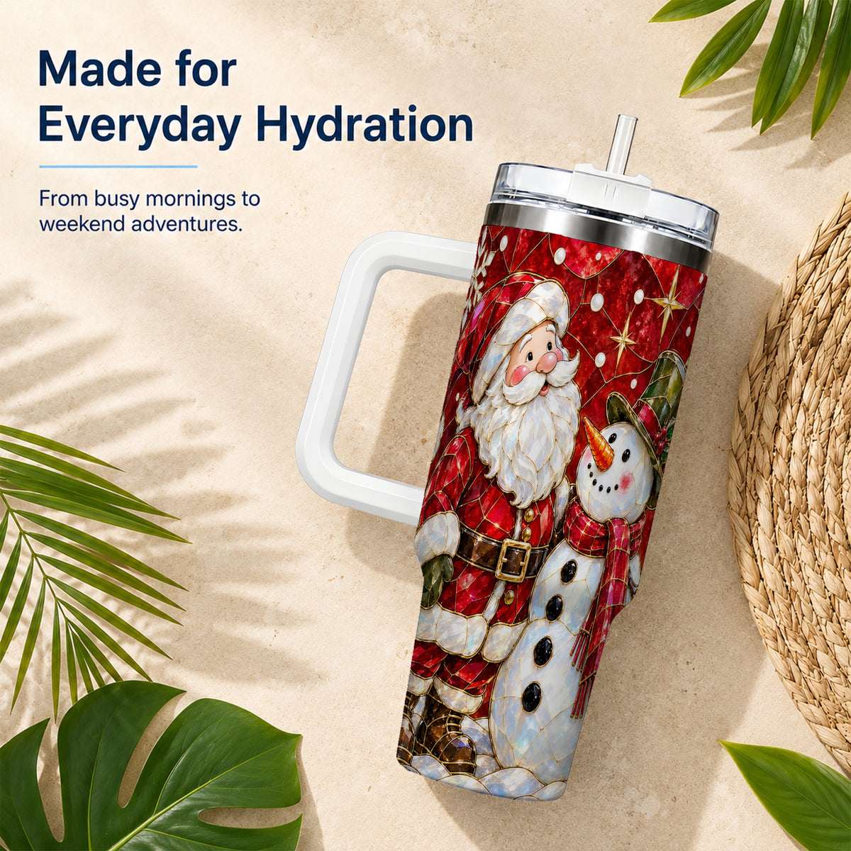 #pl[40oz|White] Santa and Snowman 40oz Tumbler with Handle, Mosaic Holiday Travel Cup