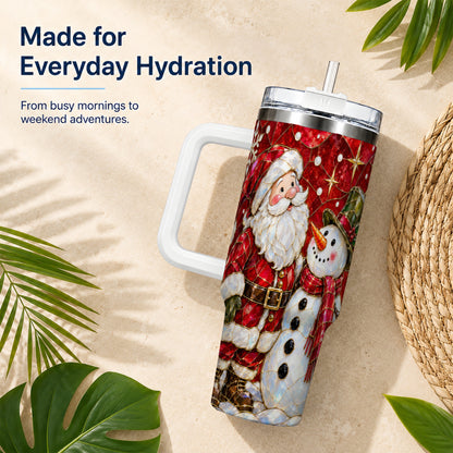#pl[40oz|White] Santa and Snowman 40oz Tumbler with Handle, Mosaic Holiday Travel Cup