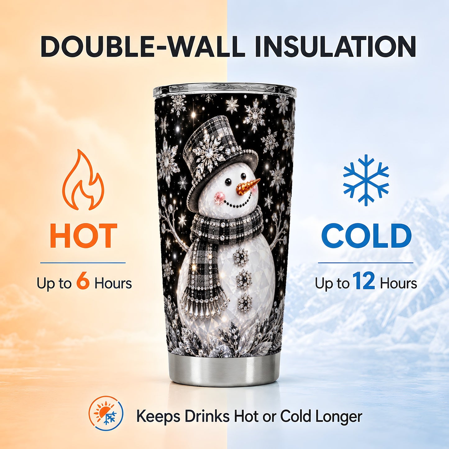 #pl[20oz|Steel] Crystal Snowman Tumbler 20oz, Winter Tumbler, Stainless Steel Travel Cup