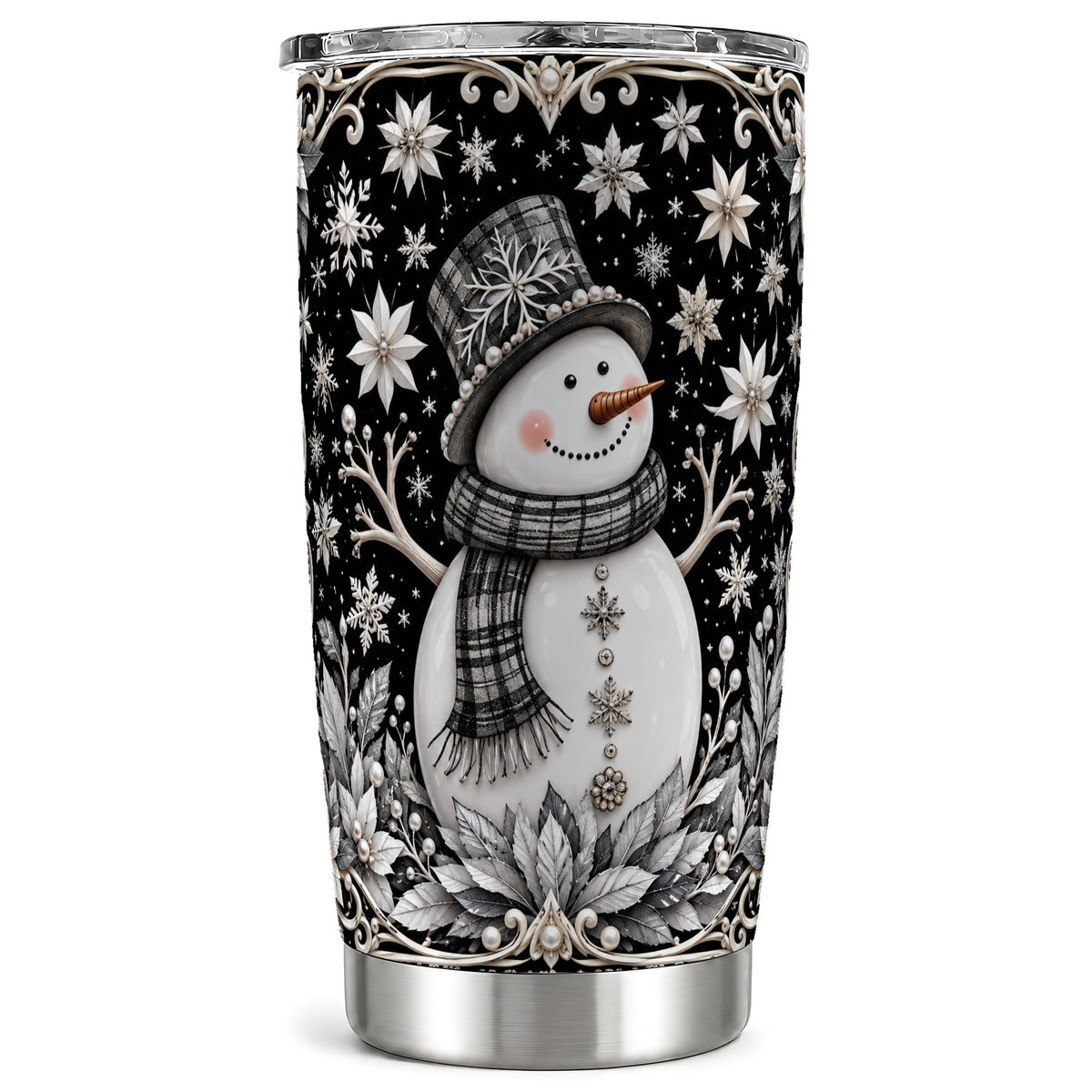 Pearl Snowman Tumbler 20oz, Winter Tumbler, Stainless Steel Travel Cup