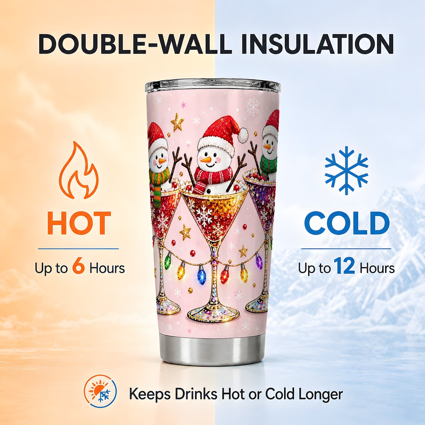 #pl[20oz|Steel] Snowman Martini Tumbler 20oz, Holiday Tumbler, Stainless Steel Travel Cup
