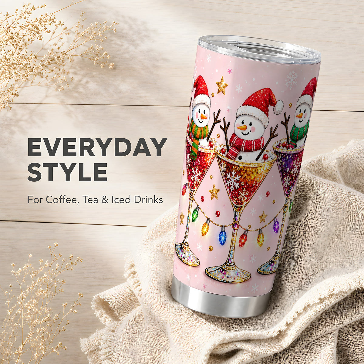 #pl[20oz|Steel] Snowman Martini Tumbler 20oz, Holiday Tumbler, Stainless Steel Travel Cup