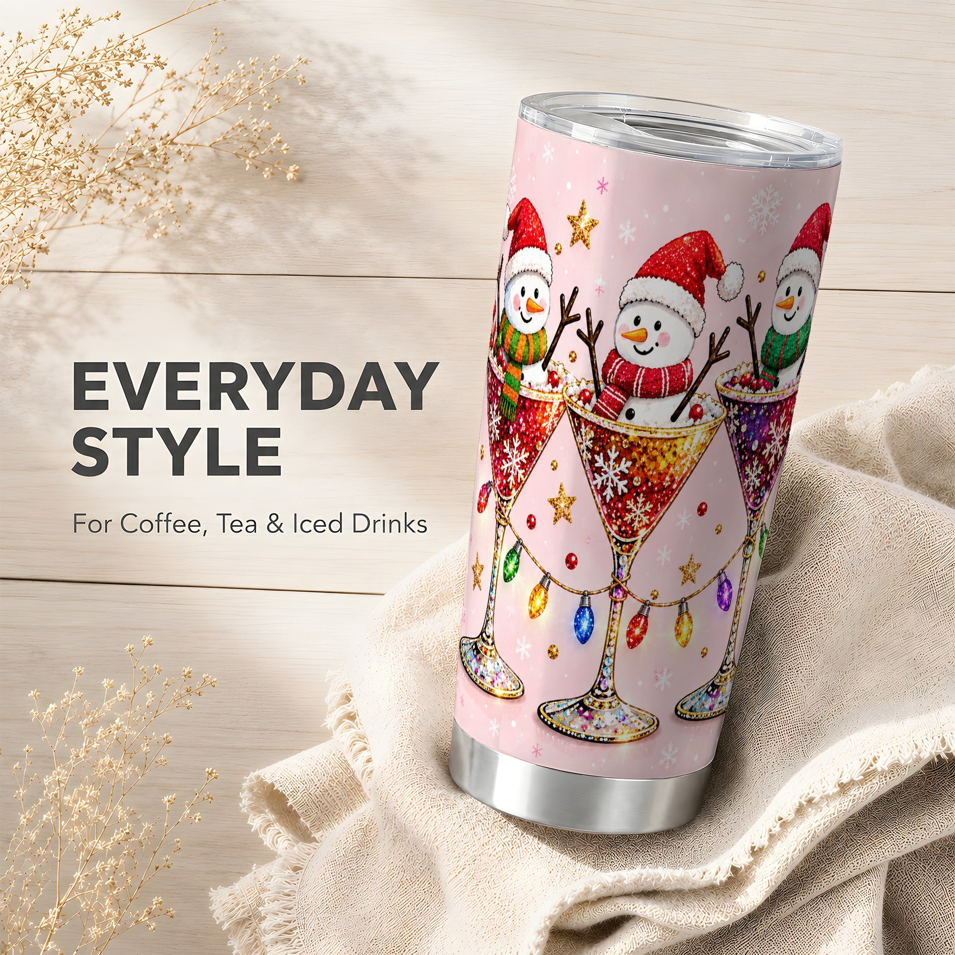#pl[20oz|Steel] Snowman Martini Tumbler 20oz, Holiday Tumbler, Stainless Steel Travel Cup