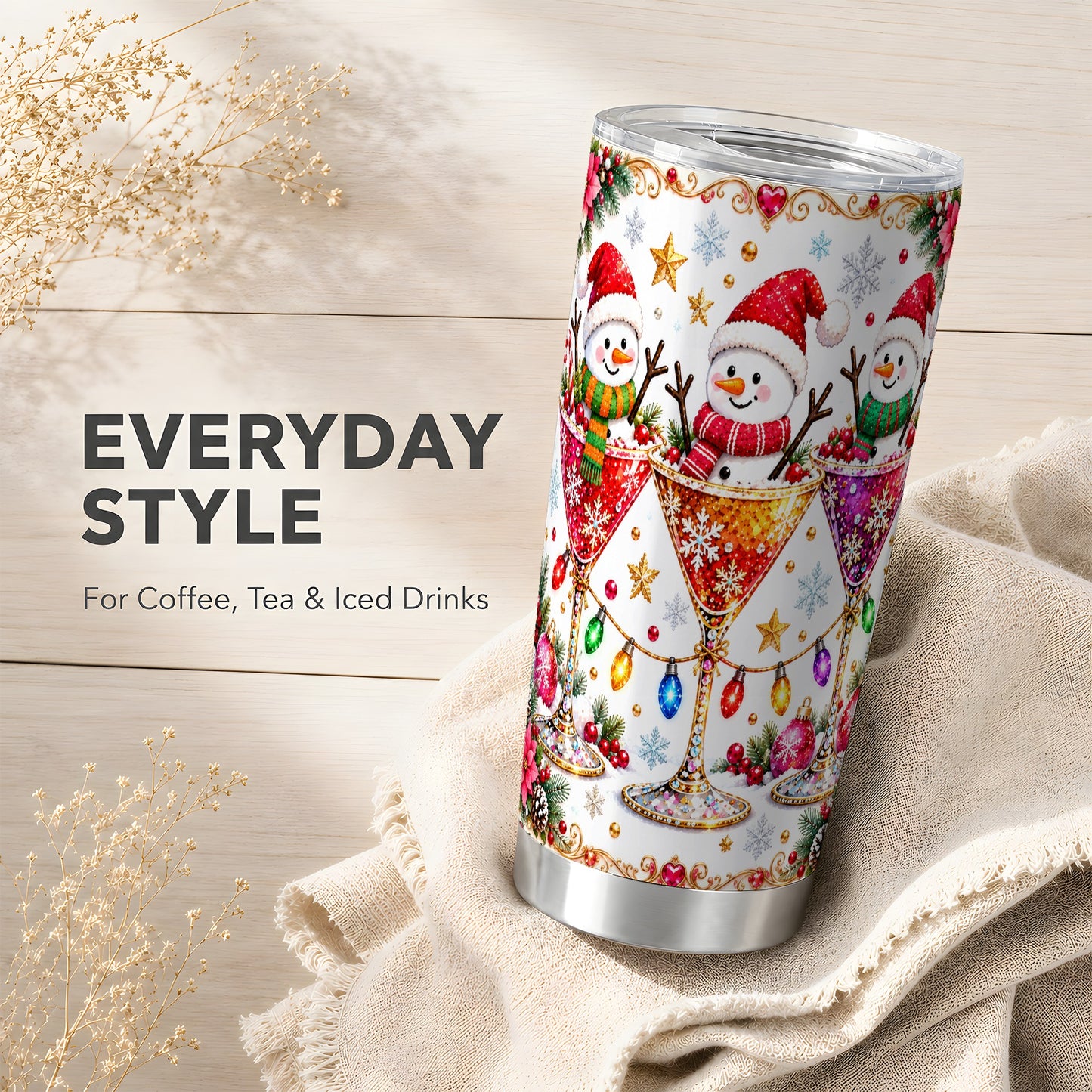 #pl[20oz|Steel] Snowman Martini Tumbler 20oz, Christmas Tumbler, Stainless Steel Travel Cup