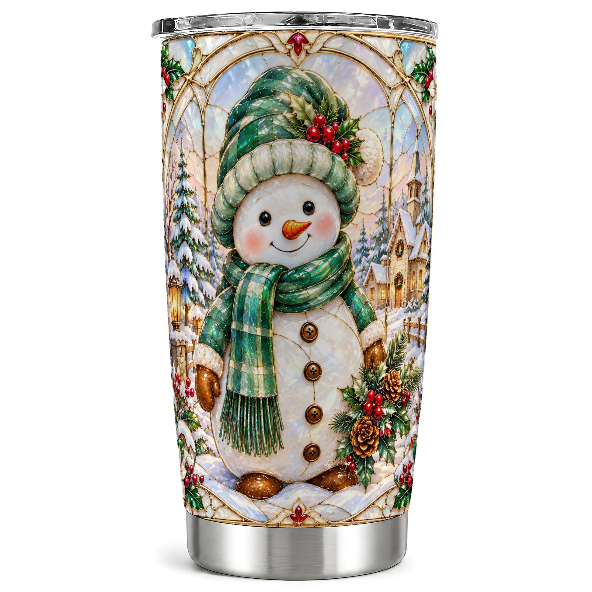Snowman Tumbler 20oz, Stained Glass Style Tumbler, Stainless Travel Cup