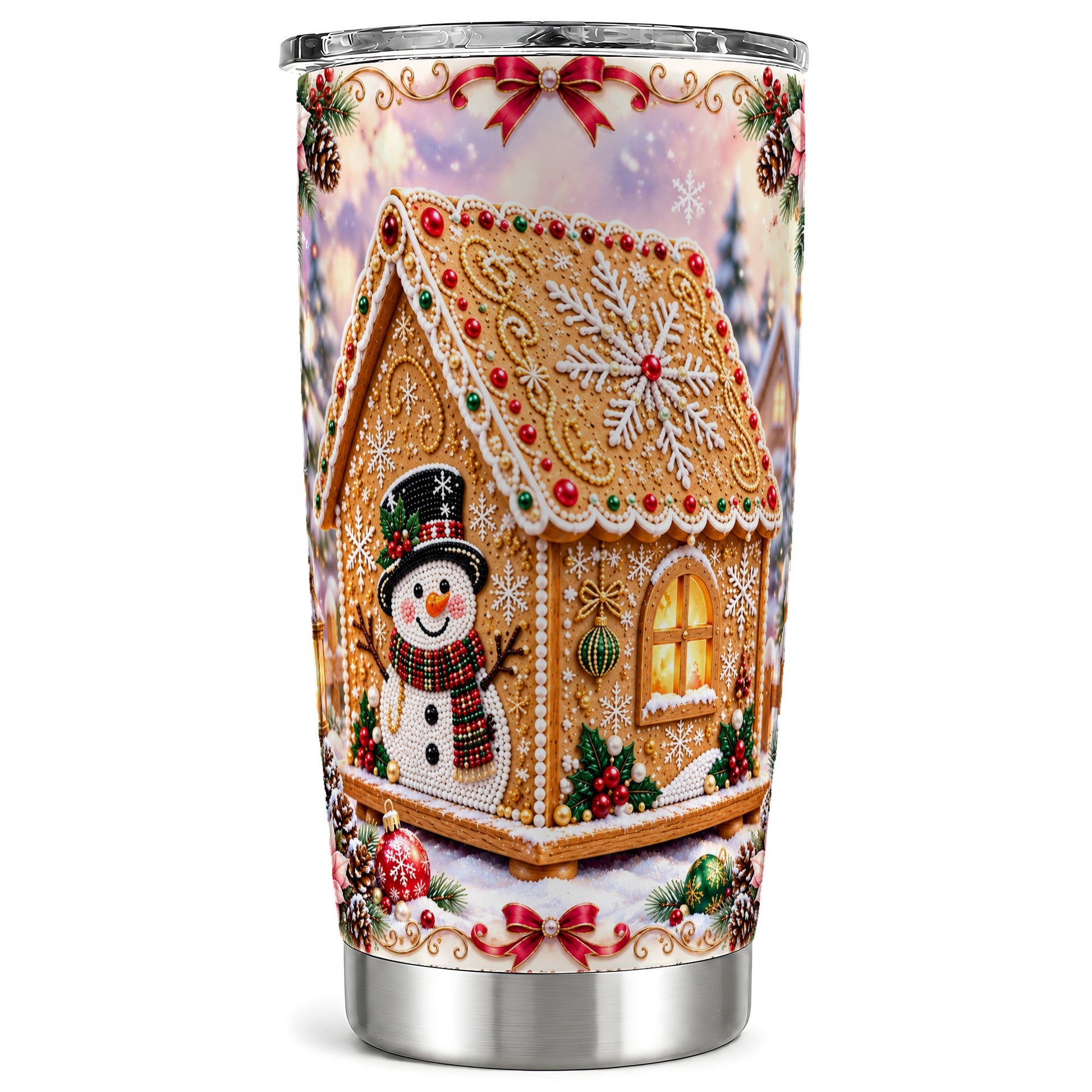 Gingerbread House Tumbler 20oz, Snowman Tumbler, Stainless Travel Cup