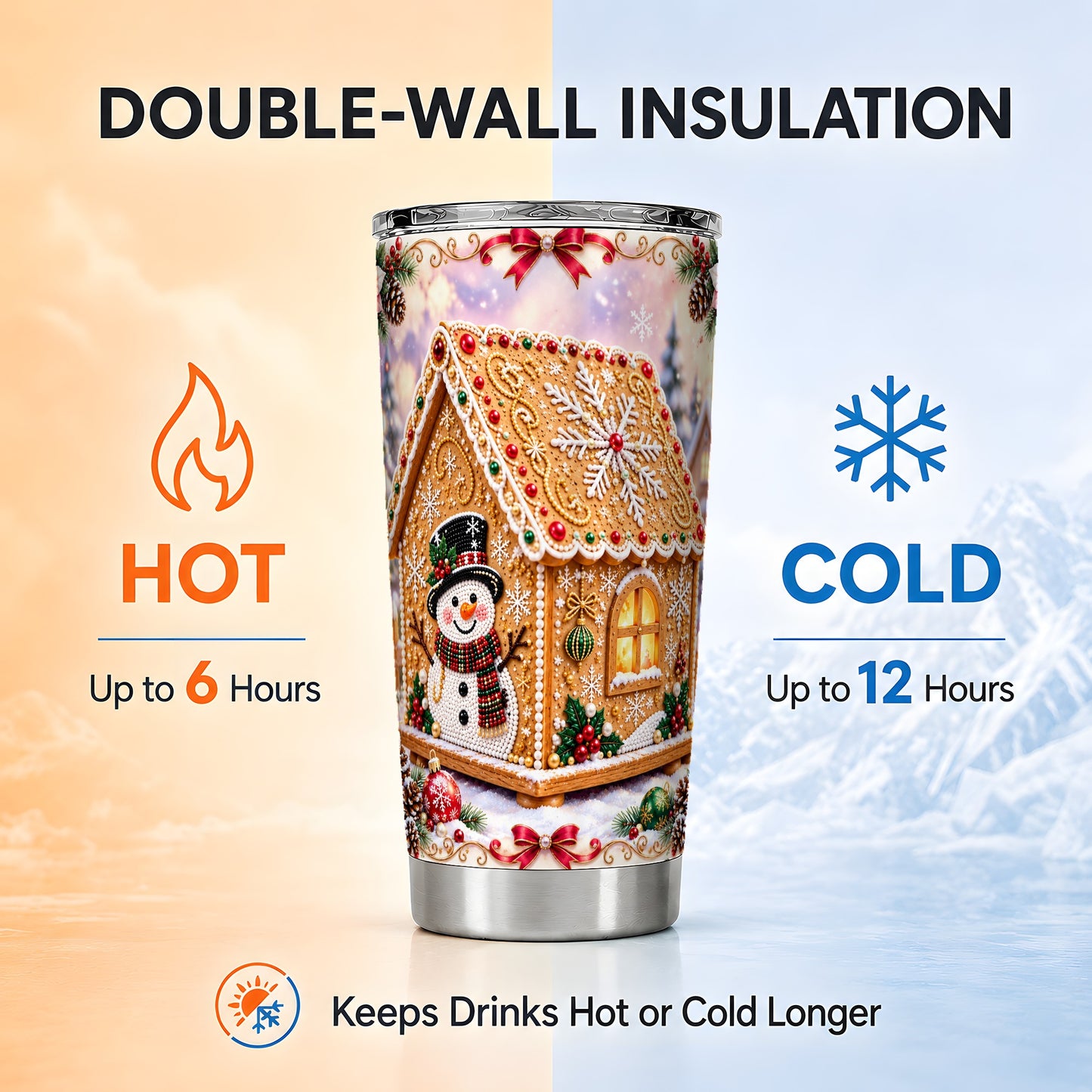 #pl[20oz|Steel] Gingerbread House Tumbler 20oz, Snowman Tumbler, Stainless Travel Cup