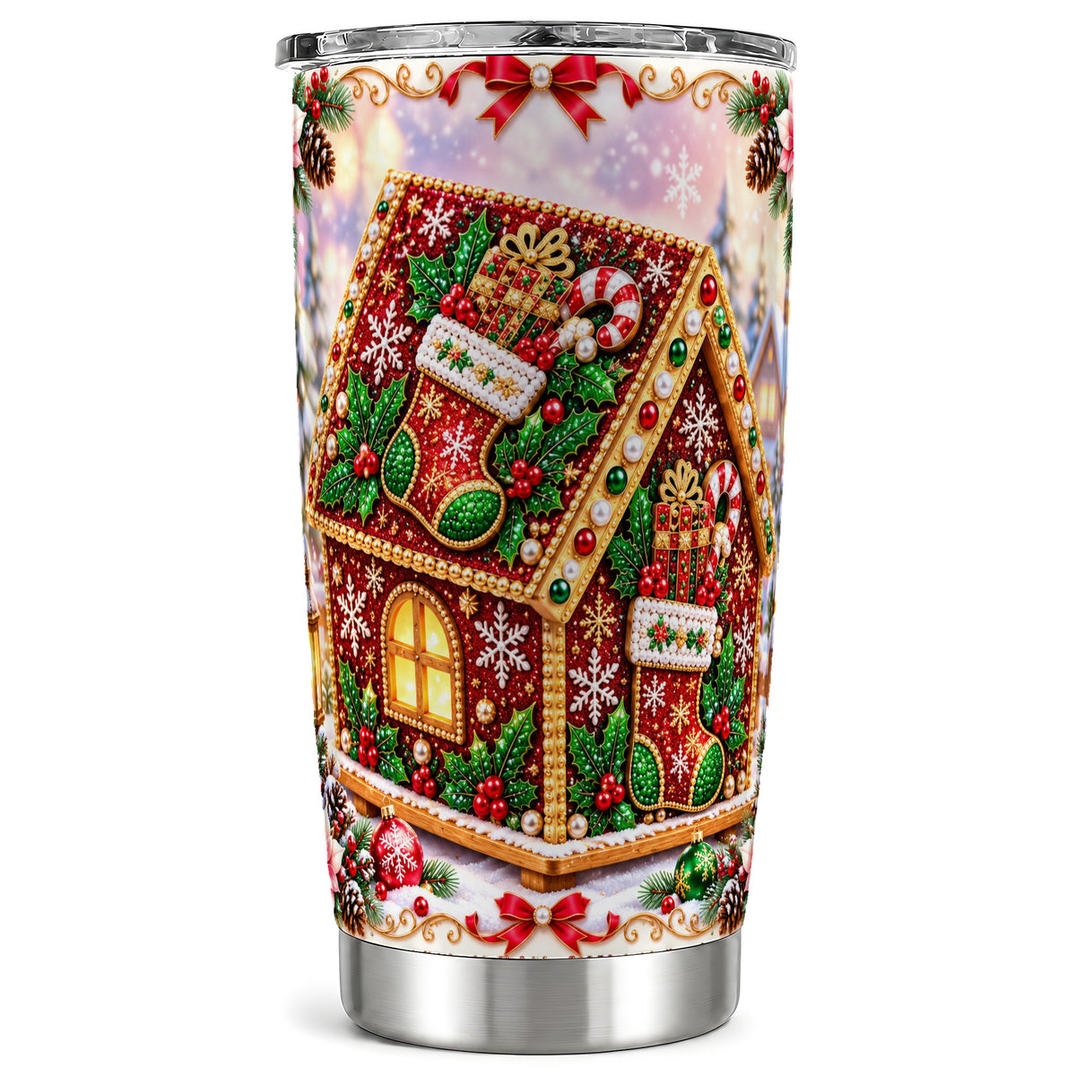 Gingerbread House Tumbler 20oz, Christmas Tumbler, Stainless Travel Cup