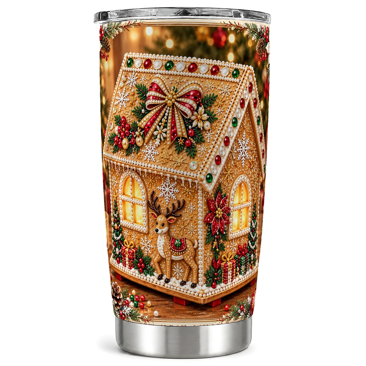 Gingerbread House Tumbler 20oz, Holiday Tumbler, Stainless Steel Travel Cup