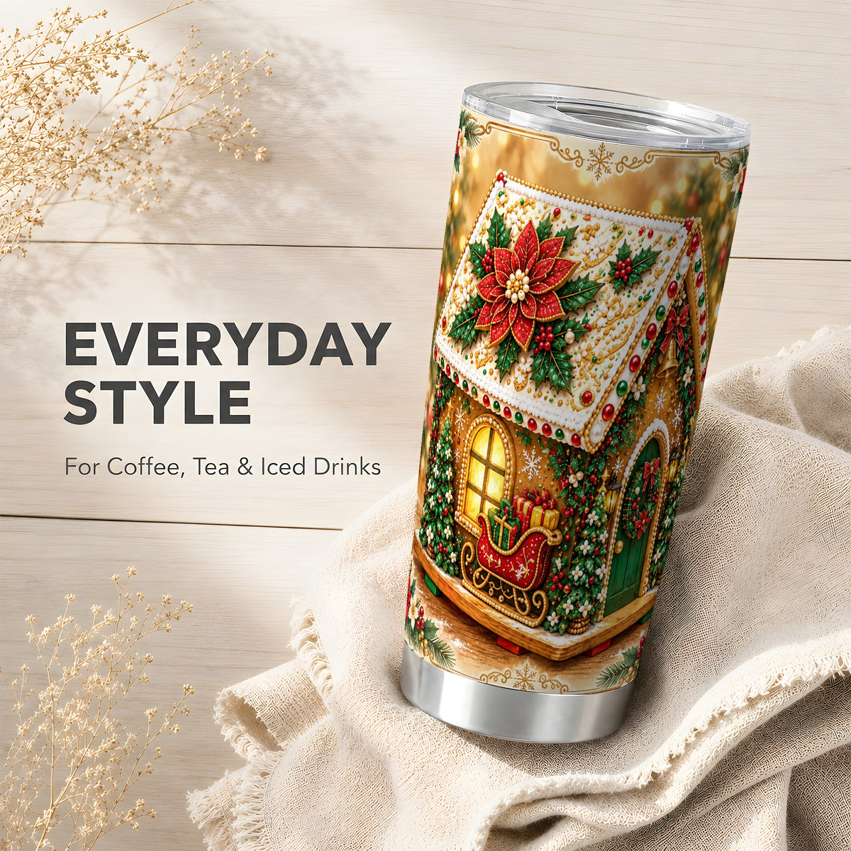 #pl[20oz|Steel] Christmas Gingerbread Tumbler 20oz, Poinsettia Tumbler, Steel Travel Cup