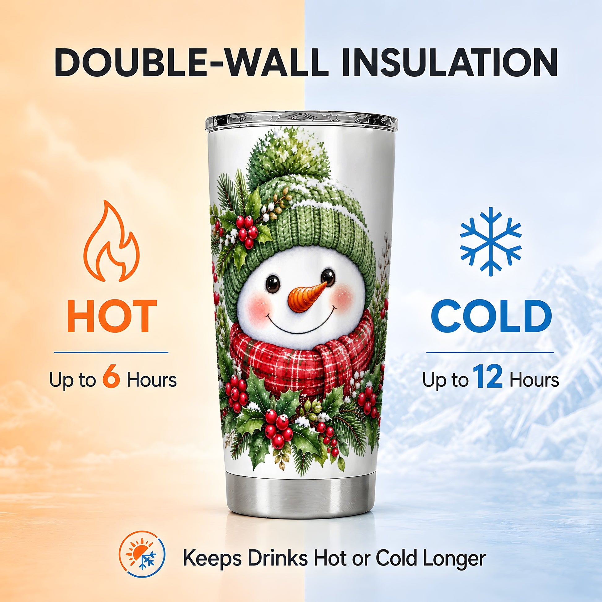 #pl[20oz|Steel] Christmas Snowman Tumbler 20oz, Holly Tumbler, Stainless Steel Travel Cup