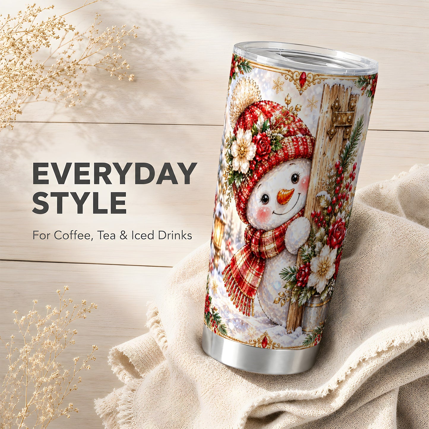 #pl[20oz|Steel] Christmas Snowman Tumbler 20oz, Floral Tumbler, Stainless Steel Travel Cup