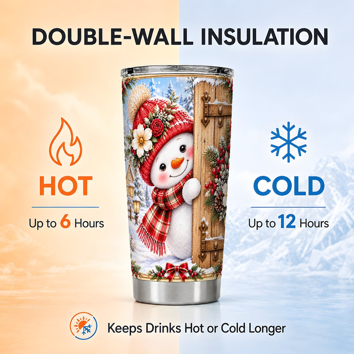 #pl[20oz|Steel] Christmas Snowman Tumbler 20oz, Cottage Tumbler, Stainless Steel Travel Cup
