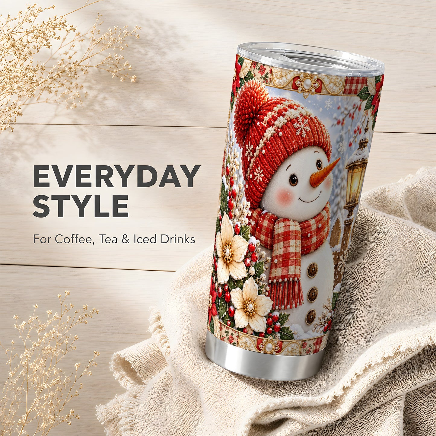 #pl[20oz|Steel] Snowman Tumbler 20oz, Poinsettia Tumbler, Stainless Steel Travel Cup