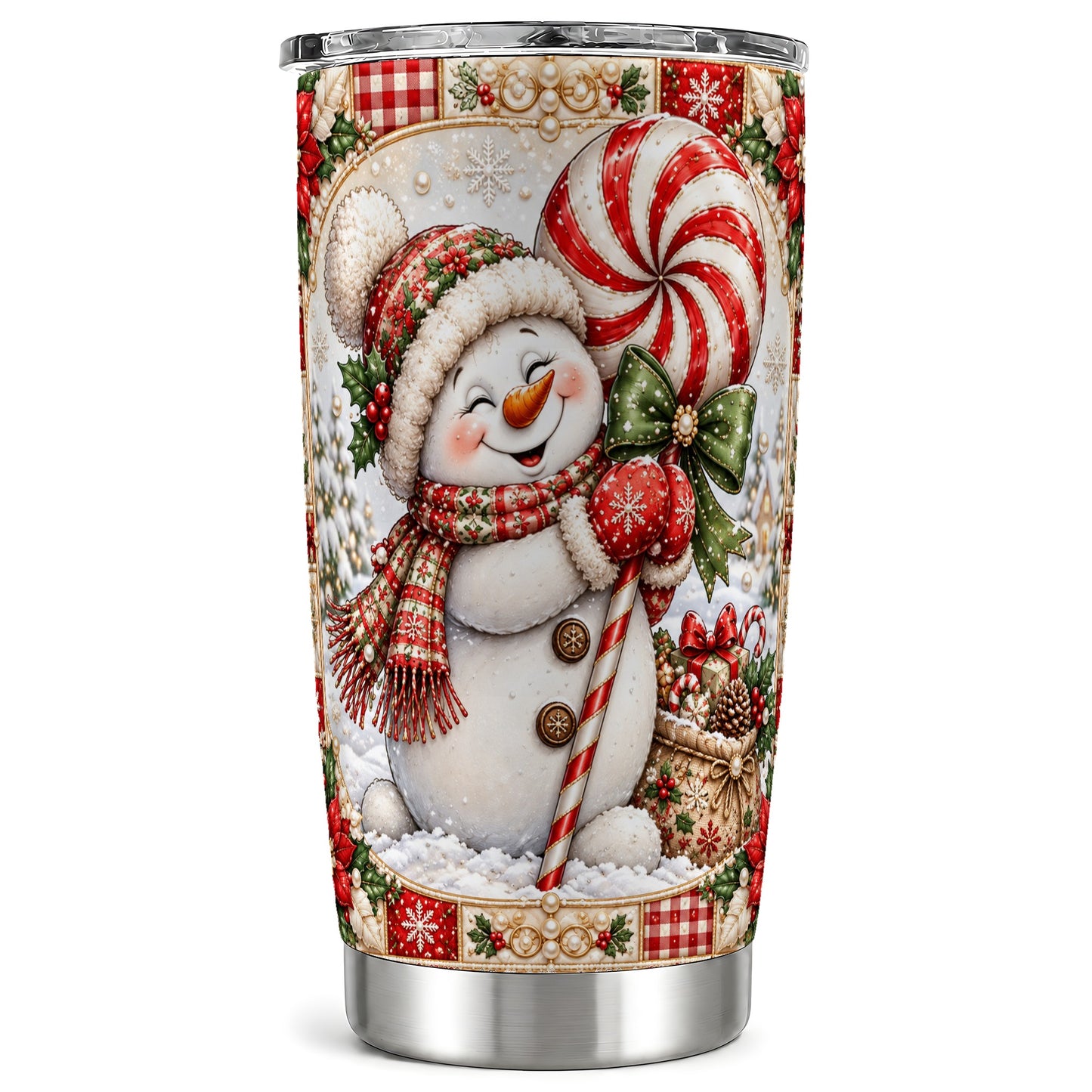 Peppermint Snowman Tumbler 20oz, Candy Tumbler, Stainless Steel Travel Cup
