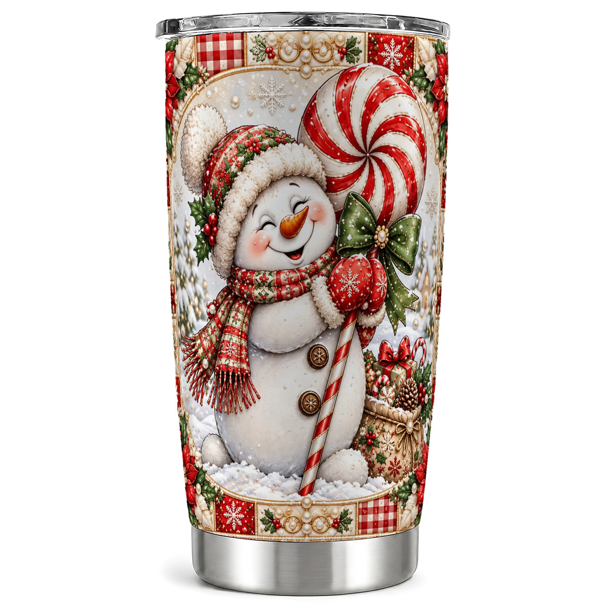 Peppermint Snowman Tumbler 20oz, Candy Tumbler, Stainless Steel Travel Cup