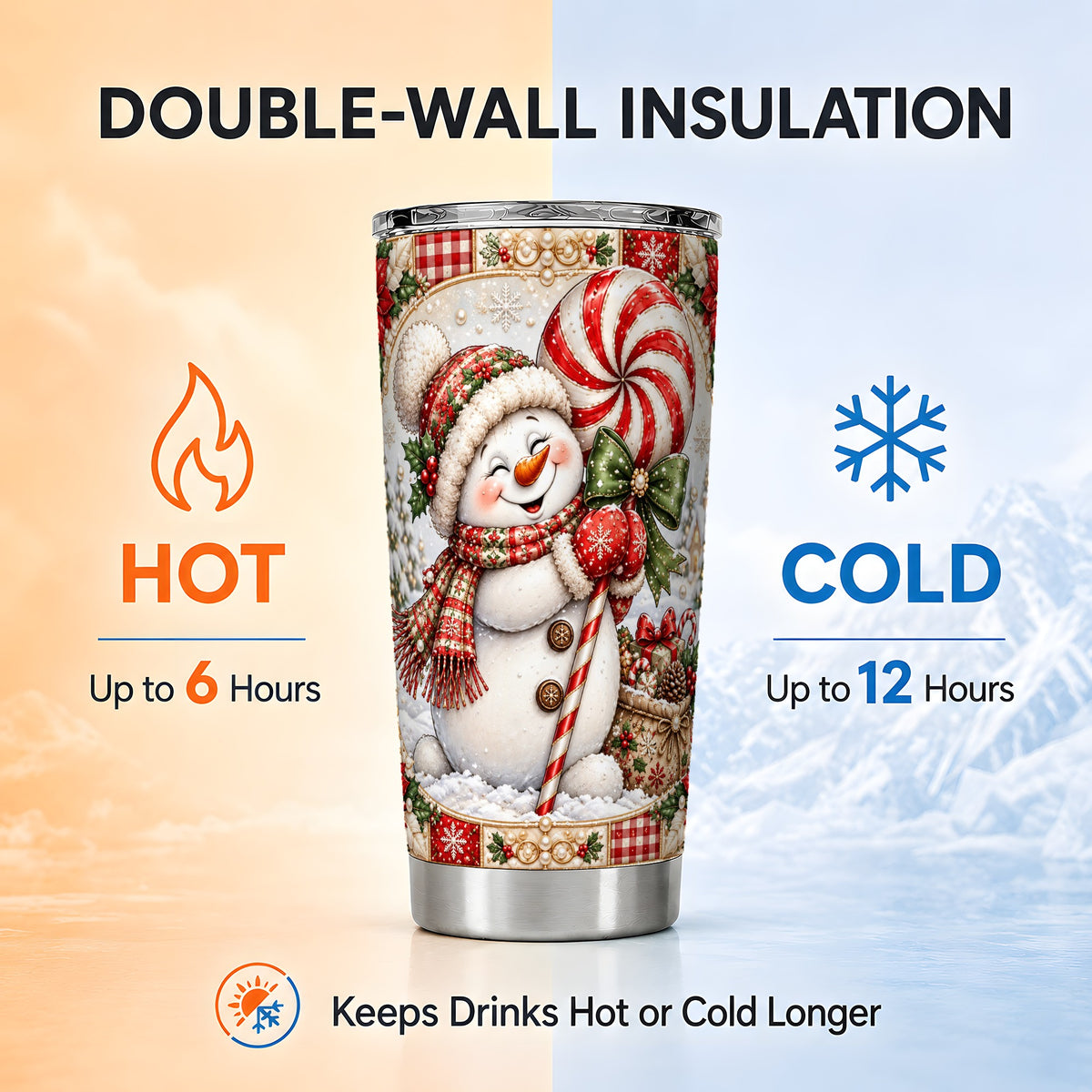 #pl[20oz|Steel] Peppermint Snowman Tumbler 20oz, Candy Tumbler, Stainless Steel Travel Cup