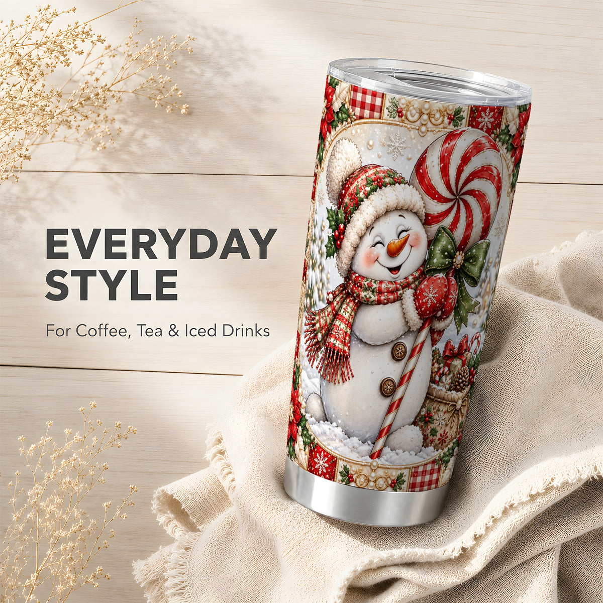 #pl[20oz|Steel] Peppermint Snowman Tumbler 20oz, Candy Tumbler, Stainless Steel Travel Cup