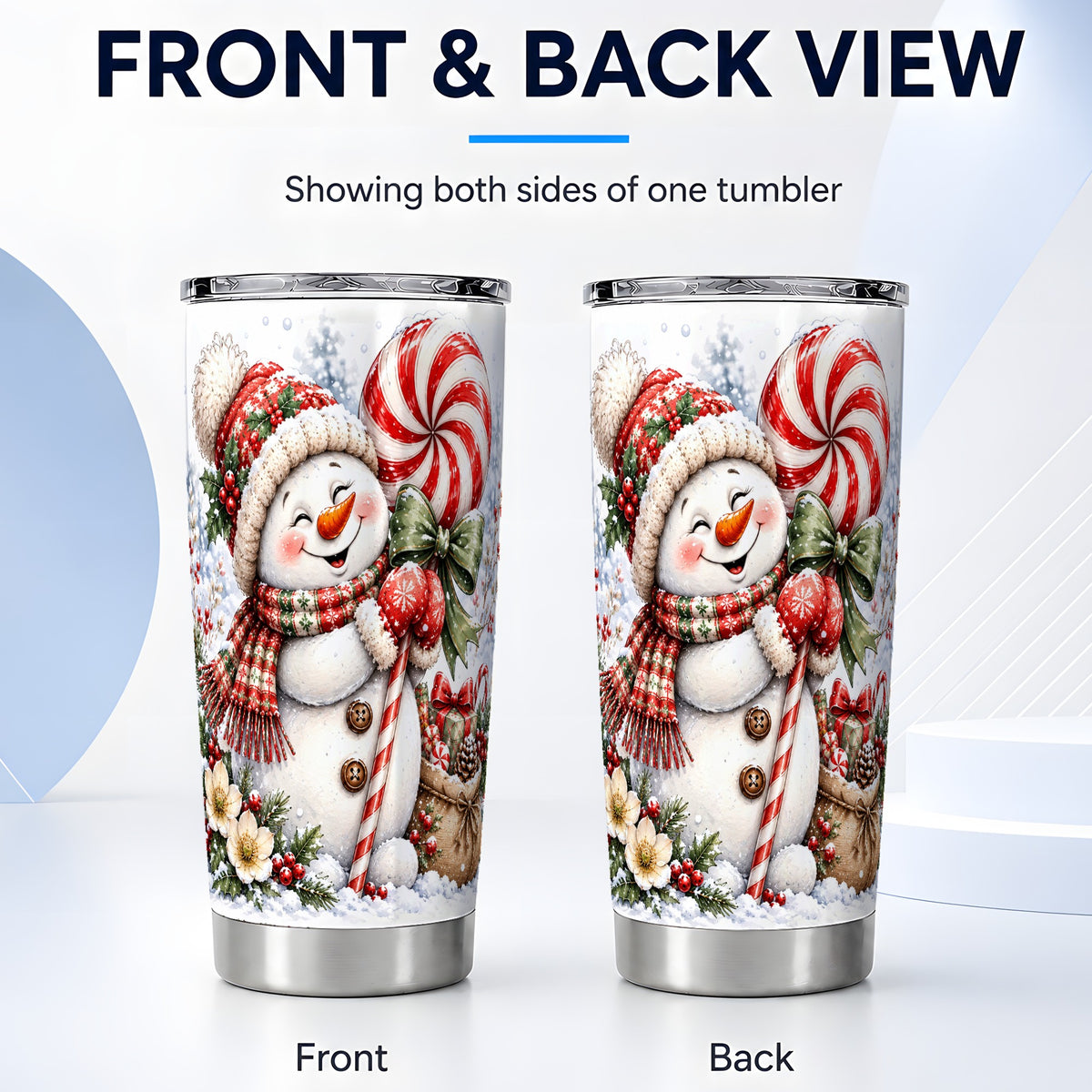 #pl[20oz|Steel] Snowman Tumbler 20oz, Peppermint Candy Tumbler, Stainless Steel Travel Cup