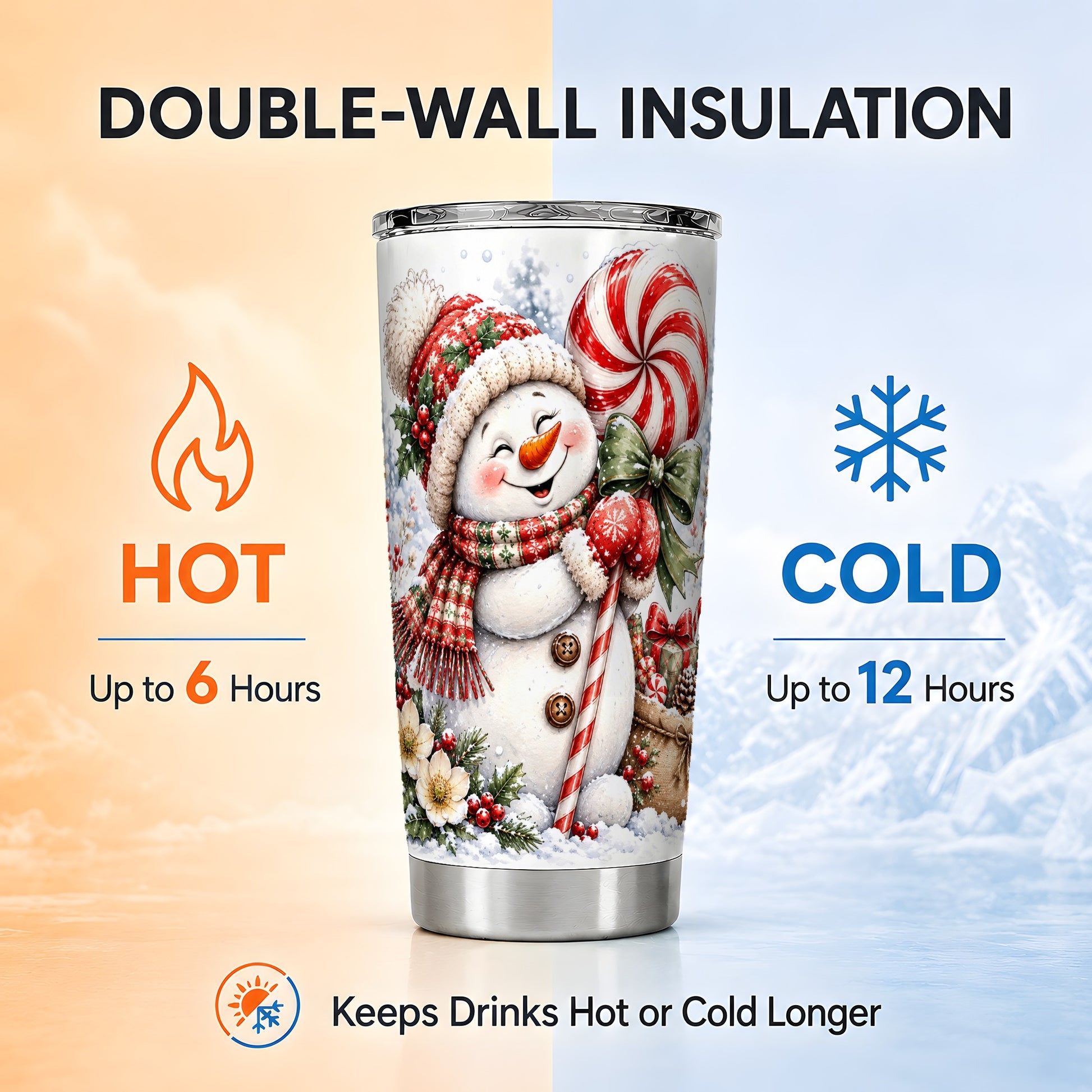#pl[20oz|Steel] Snowman Tumbler 20oz, Peppermint Candy Tumbler, Stainless Steel Travel Cup